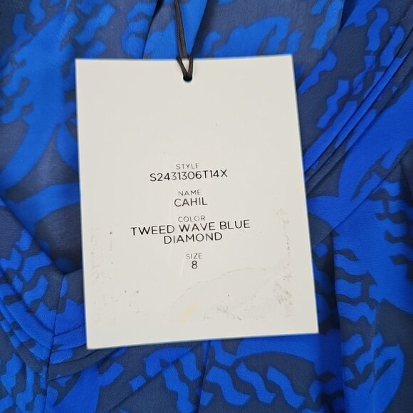 Diane Von Furstenburg Cahil Silk Blend Blouse Womens 6 Blue Wave Print Pleated - Picture 4 of 8